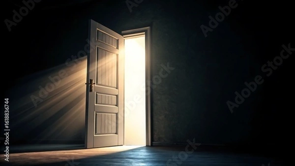 Fototapeta Open Doorway into Light: Conceptual Representation of Opportunity, Choice, Transition, and a Path Forward in Darkness.
