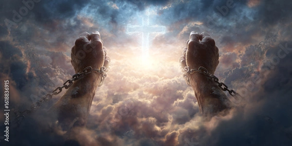 Fototapeta Hands breaking free from chains, reaching towards a divine light in the clouds