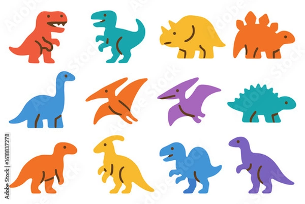 Fototapeta Colorful dinosaur cartoon icons set: cute and playful prehistoric shapes