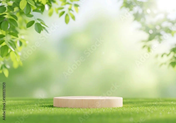 Fototapeta Product Podium in Lush Spring Scene: A product podium is showcased in a lush spring scene, with fresh green grass and foliage to emphasize an eco-friendly vibe for product display.