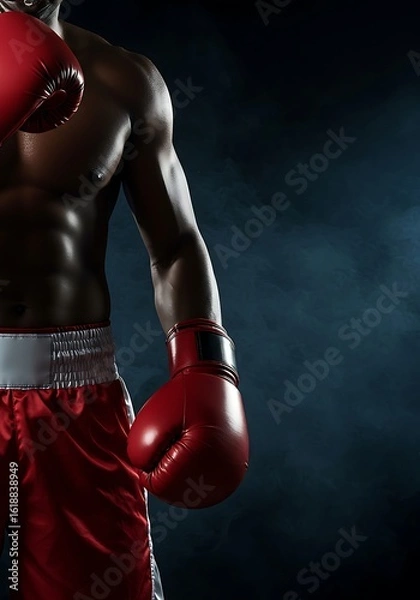 Fototapeta Muscular Boxer with Red Gloves Ready to Fight in the Ring