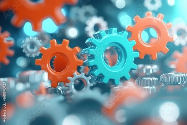 Fototapeta Colorful gears intertwined in a dynamic arrangement, symbolizing innovation and machinery in motion, with a blurred background enhancing focus on the mechanics.