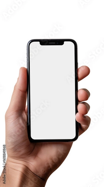 Fototapeta Male hand holding a smartphone with a white screen on a white background