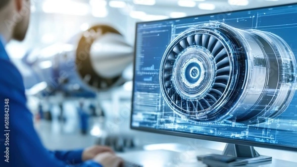 Fototapeta Engineer mechanical simulation Concept. A person analyzes a digital model of a jet engine on a computer screen in an engineering environment.