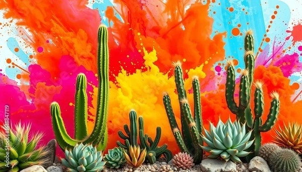 Fototapeta Vibrant color splashes behind stylized desert cacti and succulents,  design,  illustration