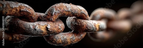 Obraz Close-up view of a rusty chain showcasing its weathered texture and intricate links against a dark background