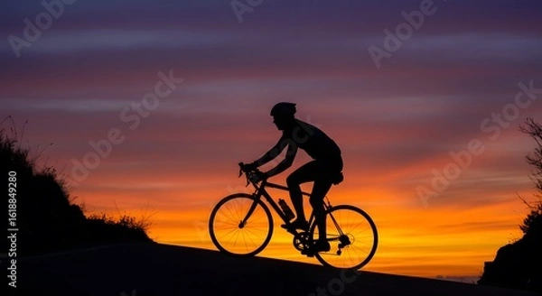 Fototapeta Silhouette of cyclist riding bicycle against colorful sunset sky on a hill at dusk or dawn time