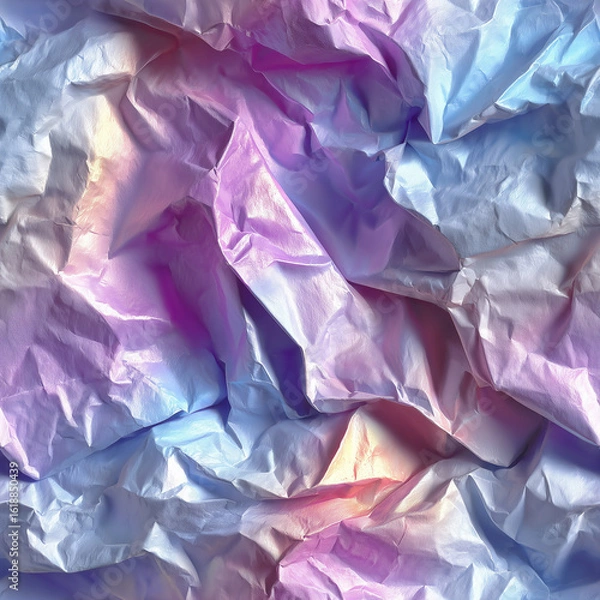 Fototapeta Seamless Holographic crumpled foil texture | Iridescent pastel surface with pink and blue reflections | Abstract wrinkled metallic paper for creative design or digital art