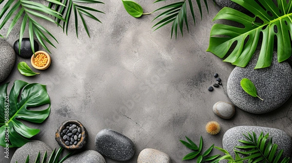 Fototapeta A background with massage stones, various relaxing leaves, and flowers for a spa
