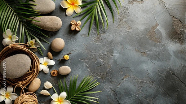 Fototapeta A background with massage stones, various relaxing leaves, and flowers for a spa 