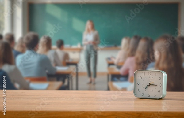 Fototapeta Alarm clock placed on student’s desk in bright classroom with students and teacher. Back-to-school, time management, academic discipline, educational routines and structured learning concept.