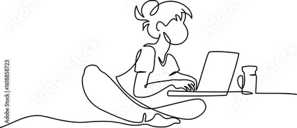 Fototapeta Cute girl working remotely on laptop. Continuous single one line vector drawing