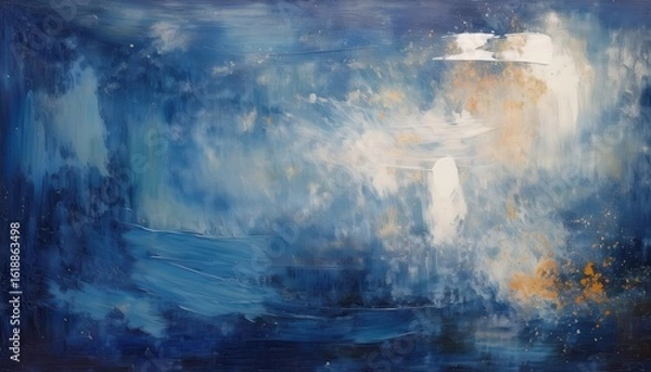 Obraz abstract ocean wave swirl with bright white crest and golden foam in textured deep blue brushstrokes for modern wall art or book cover

