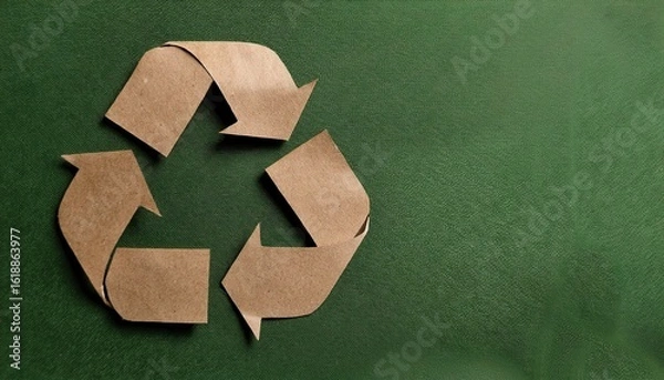 Fototapeta recycled cardboard arrows forming eco symbol on green background for sustainability and zero waste design projects

