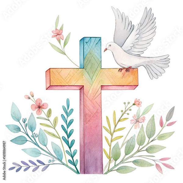 Fototapeta Watercolor Christian cross with dove and floral elements isolated on a transparent background png, cut out, clipping path, social media, Advertisement, high quality, HD photo, close up.,  web, banner.
