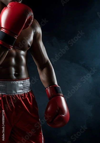 Fototapeta Powerful boxer with red gloves and shorts ready for fight