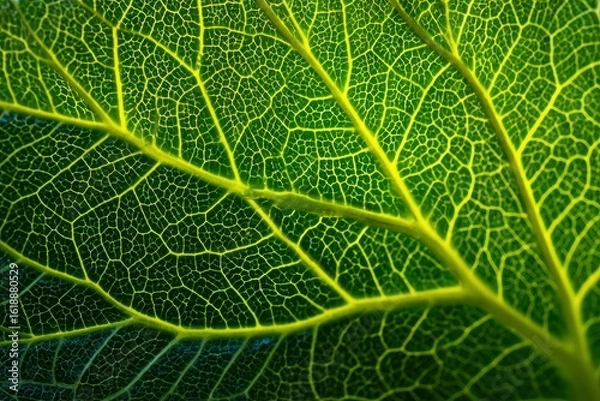 Fototapeta A closeup of a green leaf showing intricate yellow veins