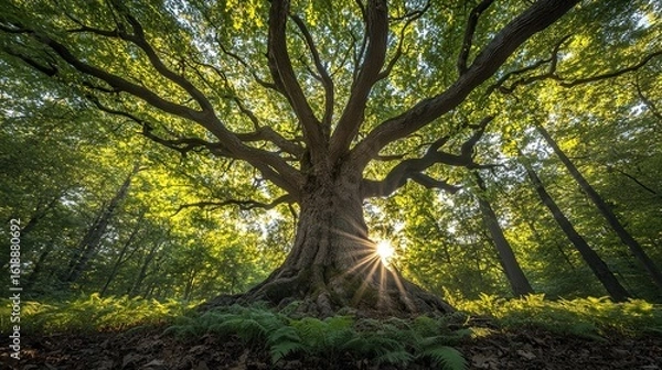 Fototapeta Create a hyper-realistic wide-angle photograph of a mature American walnut tree 