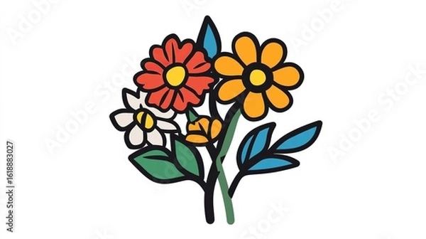 Fototapeta A single vector icon of a bouquet of flowers, bold black outline, flat colors, no gradient, simple and modern style, white background,
