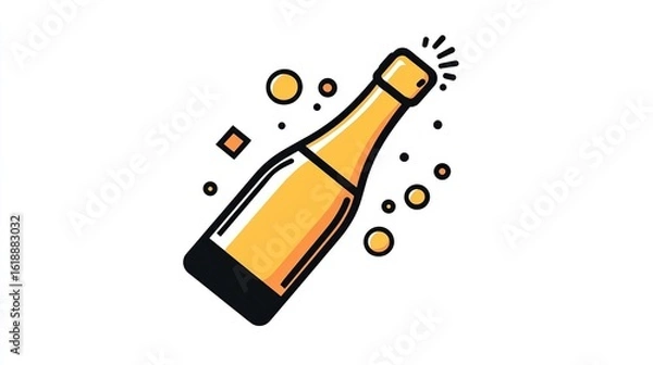 Fototapeta A single vector icon of a champagne bottle popping, bold black outline, flat colors, no gradient, simple and modern style, white background,