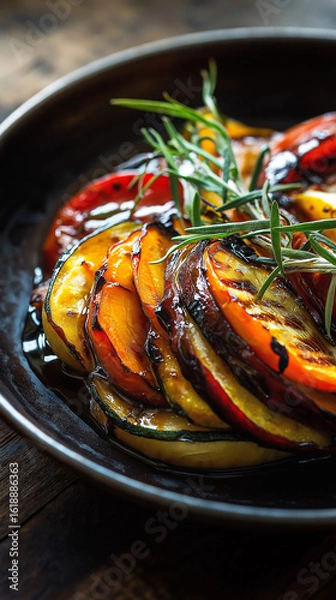 Fototapeta Asymmetrical ratatouille with rare roasted vegetables and balsamic glaze on dark wood Generative AI