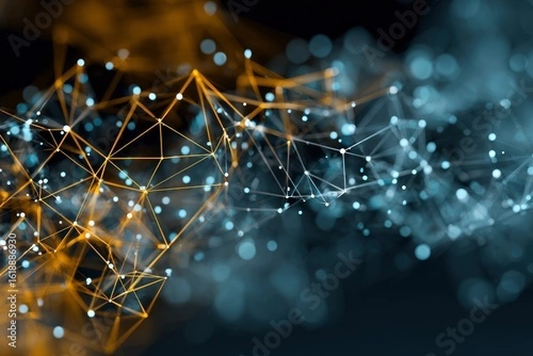 Fototapeta Network golden linesdots on left meet bluegray blurry nodeslinks fading to black at bottom