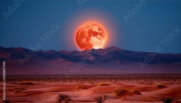 Fototapeta total lunar eclipse over vast desert with red moon glow
