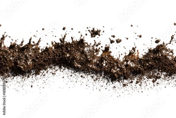 Fototapeta Splash of dark mud wet and clumpy against a stark white backdrop