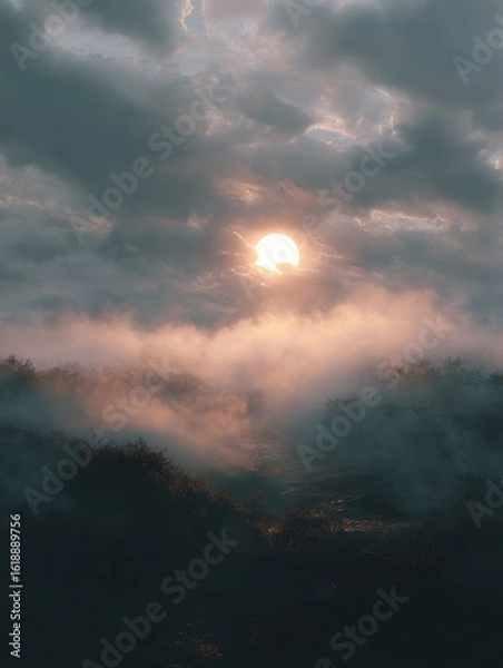 Fototapeta Foggy landscape with a hazy sun peeking through the misty veil, hazy, few clouds, sun