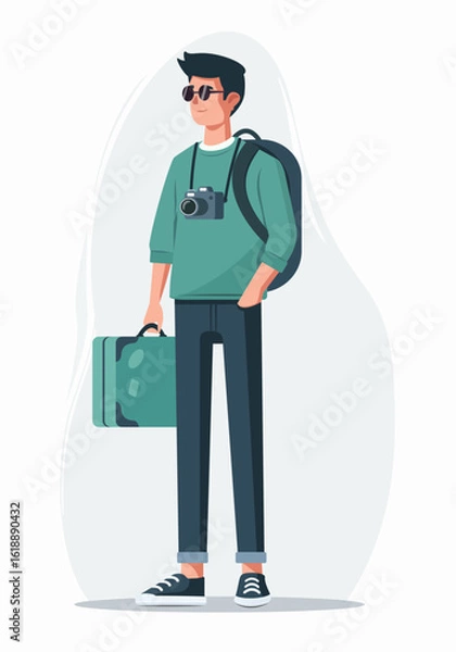 Fototapeta A tourist with a suitcase. Colored vector flat illustration. White background.