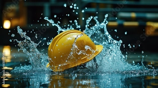 Obraz Yellow Hard Hat in Water Splash at Night in Urban Setting