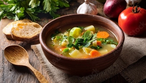 Fototapeta hearty vegetable soup with fresh herbs in a rustic bowl