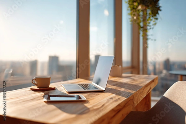 Fototapeta Modern minimalist workspace overlooking a city skyline during sunset