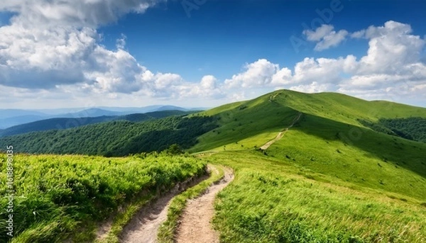 Fototapeta a winding trail through lush green hills in bieszczady under a bright blue sky with fluffy clouds perfect for outdoor activities and nature exploration