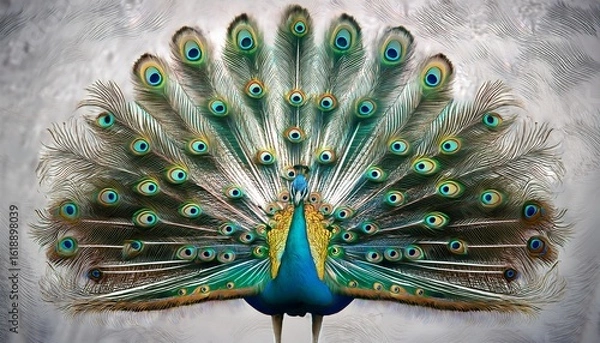 Fototapeta a vibrant peacock displays its iridescent plumage in a stunning fan against a textured light gray background