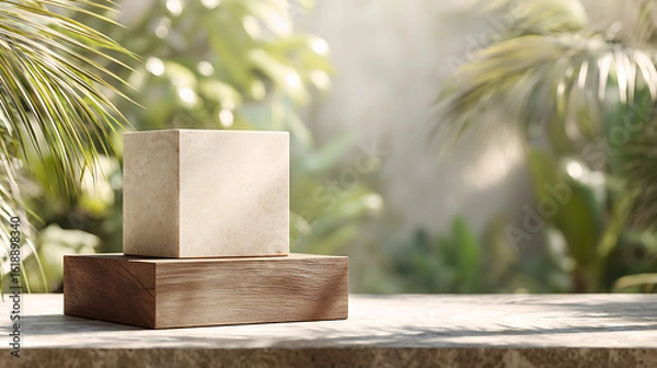 Fototapeta Stone cube on wooden block display with tropical foliage background mockup product