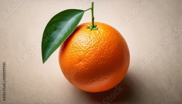Fototapeta close up of a fresh ripe orange with a green leaf attached on a textured neutral background evoking freshness and natural simplicity