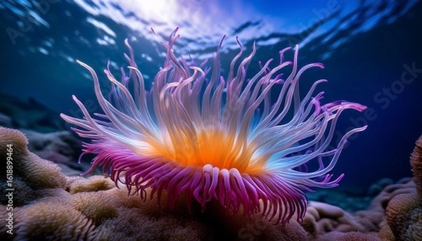Fototapeta colorful sea anemone with delicate tentacles captured in an underwater environment during broad daylight hours