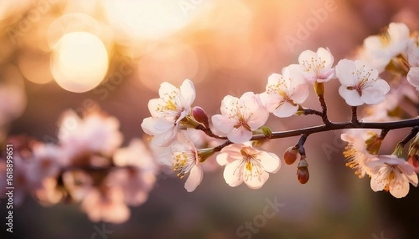 Fototapeta delicate blossom branch captured in soft focus with dreamy bokeh and subtle warm tones perfect for springtime and floral themes
