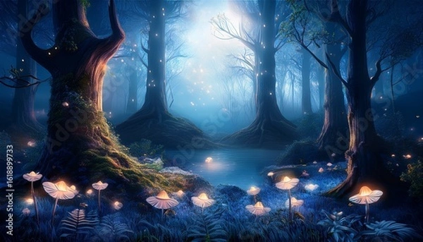 Fototapeta enchanted nighttime landscape of a mystical forest filled with fantasy and fairy tale elements