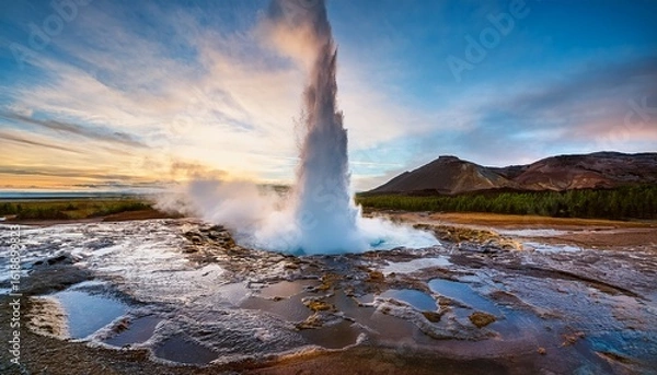 Fototapeta ethereal might and resplendence of an icelandic geyser epitomizing ethereal dance of vaporous tendrils mineral laden reservoirs and unparalleled geothermal milieu within this realm of fiery and fro