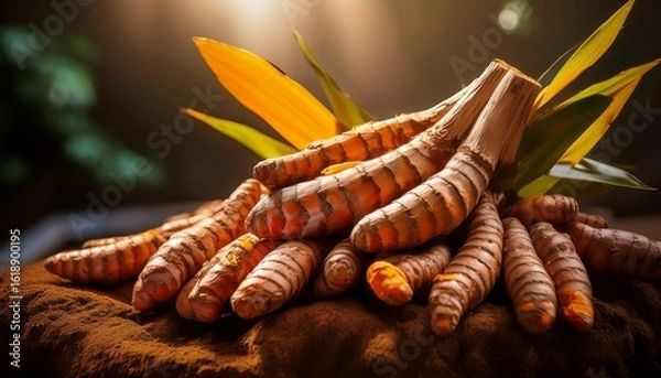 Fototapeta fresh turmeric roots showcase vibrant colors and textures in a natural setting