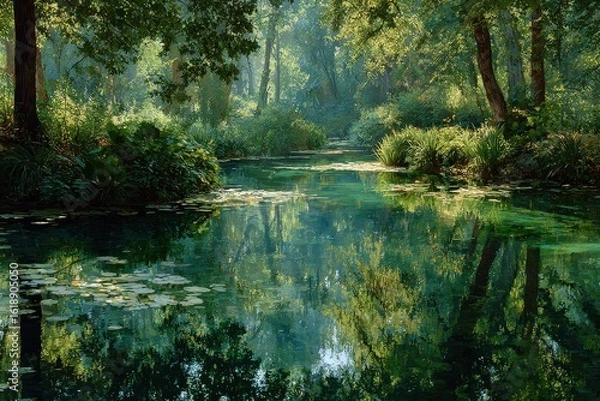 Obraz Lake surrounded by lush green forest reflecting trees during a sunny morning in Plateliai, Zemaitija National Park, Lithuania