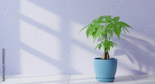 Obraz Money Tree in Blue Pot on White Floor Against Lavender Wall with Window Shadow, Indoor Houseplant