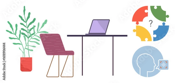 Fototapeta Modern workspace with laptop on desk, chair, plant, puzzle pieces, and head analyzing data. Ideal for productivity, problem-solving, innovation focus creativity strategy collaboration. Simple