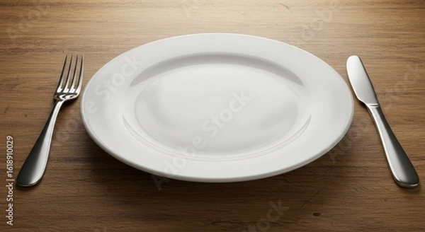 Obraz Empty Plate with Fork And Knife on Table 


