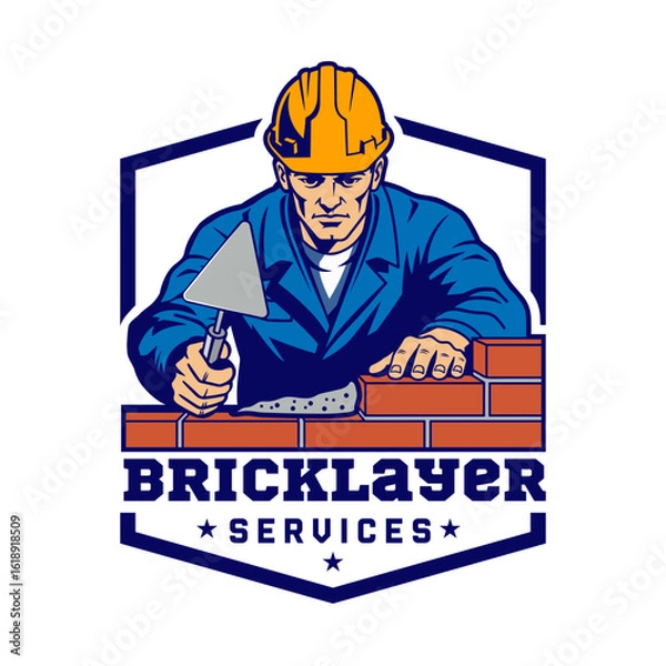 Obraz Bricklayer Services Emblem – Mason Worker with Trowel & Brick Wall Design