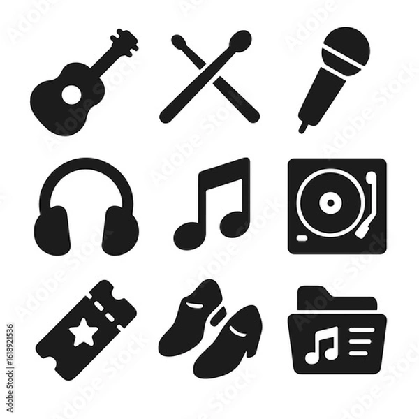 Fototapeta Music Icons Grid. Solid, filled icons set of music and rhythm hobbies with friends: guitar icon, drumsticks,