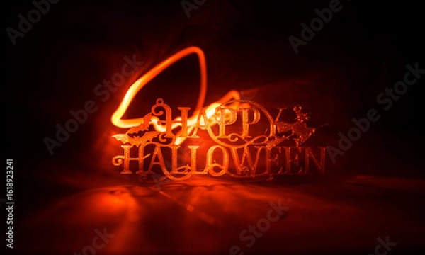 Fototapeta Halloween concept. Creepy silhouette in the dark corridor with pumpkin head. Toned light with fog on background.