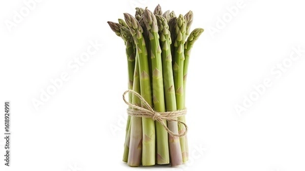 Fototapeta Fresh green asparagus spears tied with twine on a white background